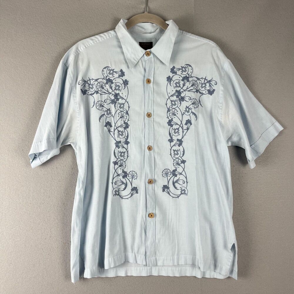 BC Ethic Hawaiian Shirt Men Large Blue Floral Embroidery Aloha‎ Tropical